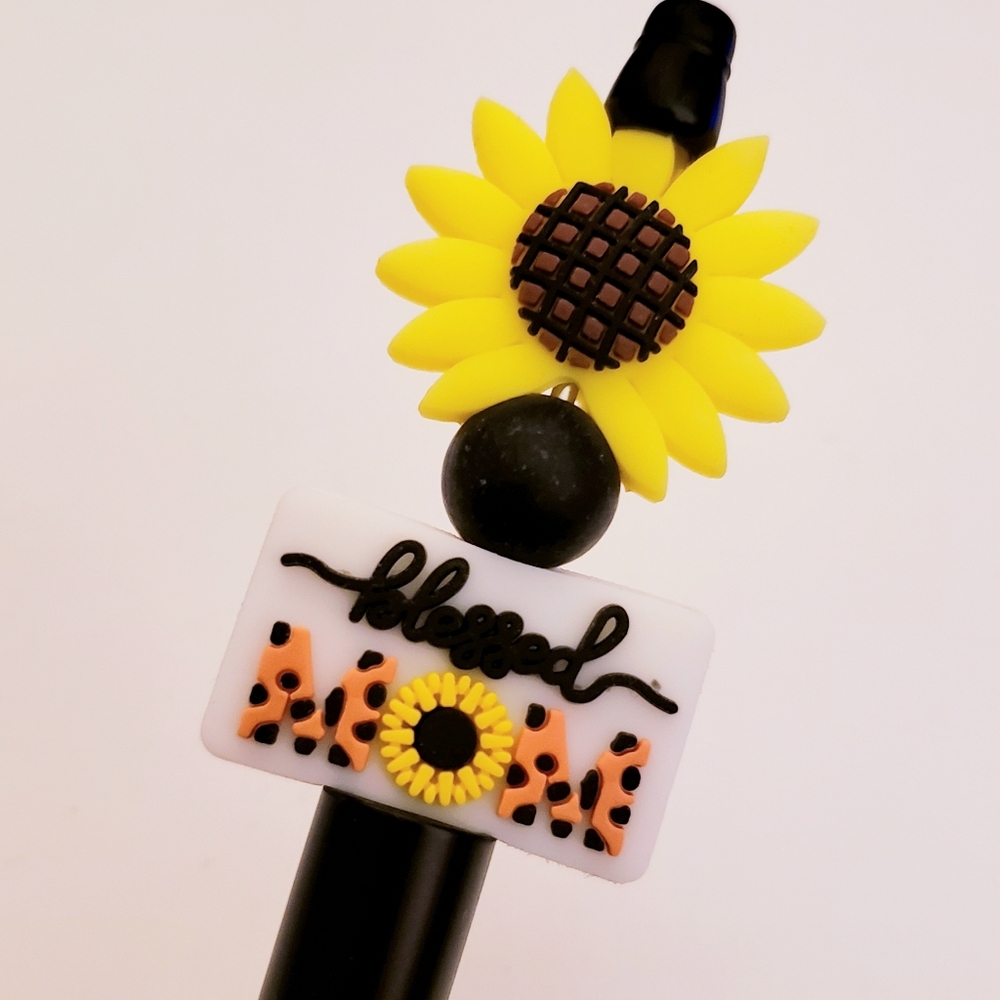Handmade Blessed Mom Sunflower Beaded Silicone Focal Bead Pen
